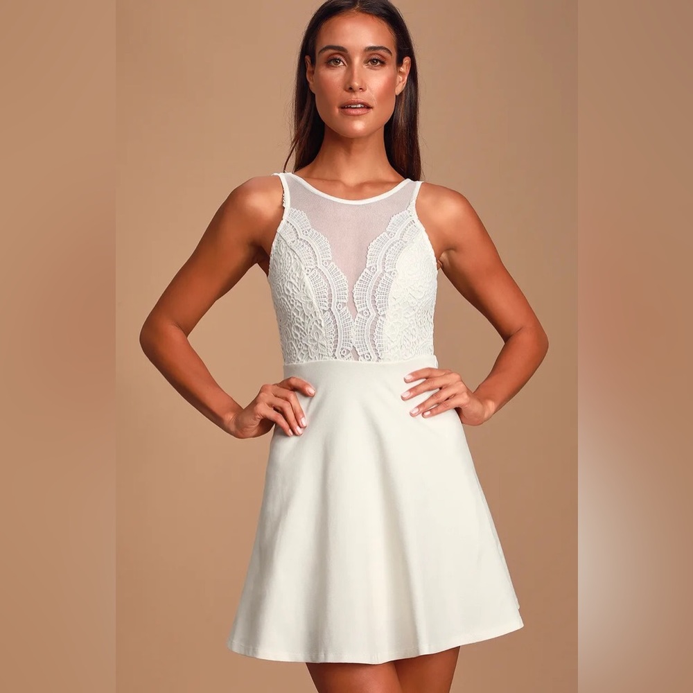 NWT Lulu’s I Promise White Lace Skater Dress (with minor flaw) - Size Medium